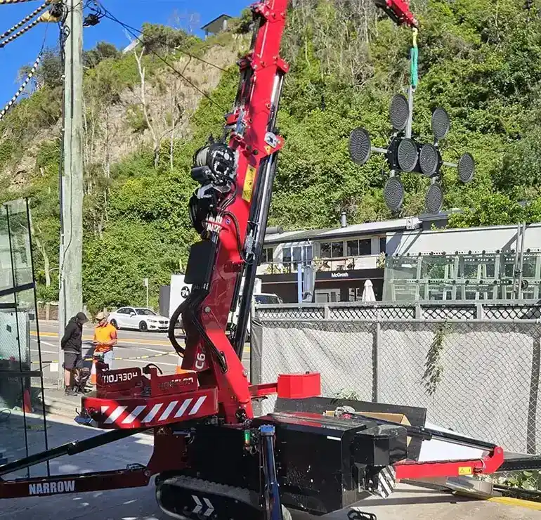 Narrowtech mini crane showing a 3-tonne lifting capacity setup for difficult access projects